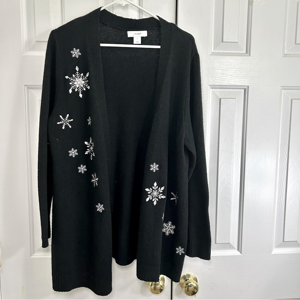 CJ Banks Black Long Line Open Front Rhinestone Snowflake Cardigan Sweater Sz X
